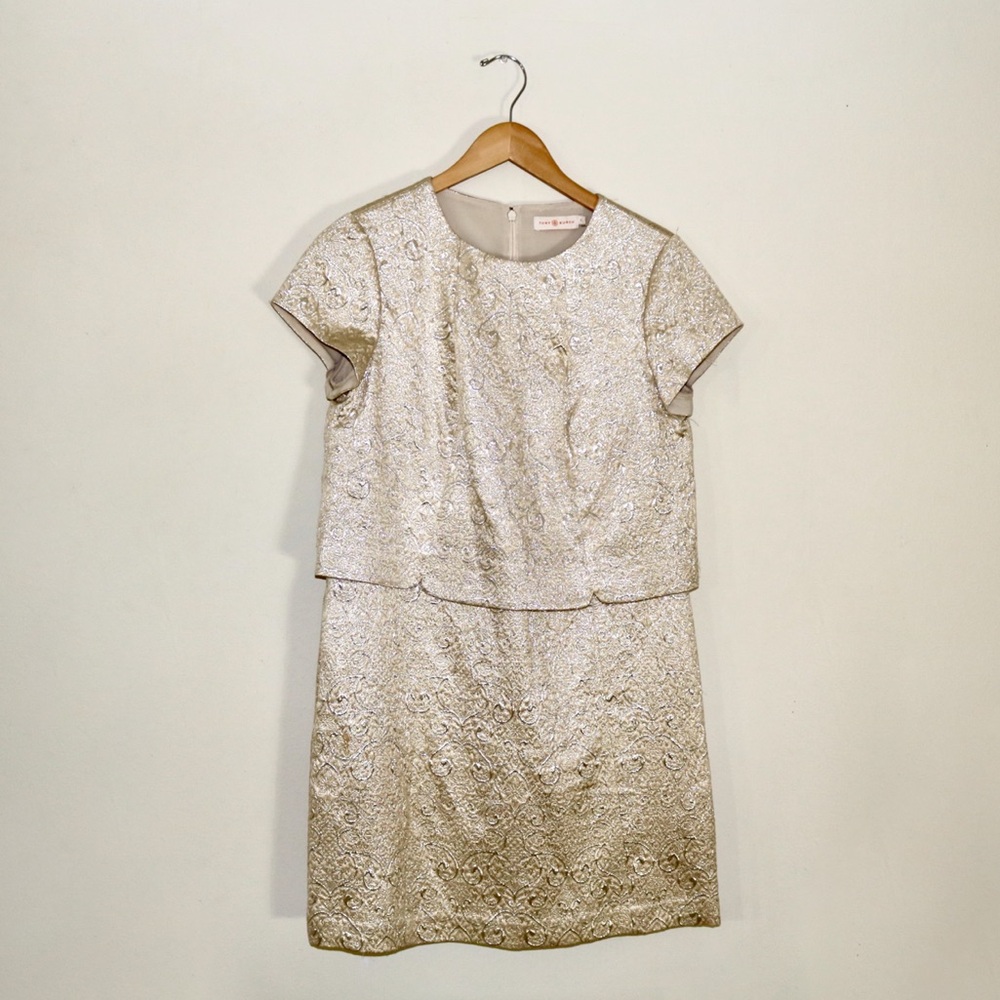 Tory Burch Brielle Metallic Brocade Mock Two Piece Dress in Sandshell - Picture 4 of 16